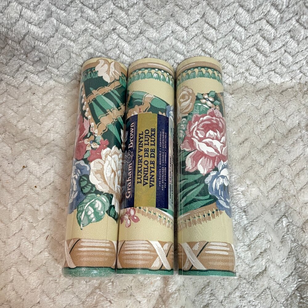Vintage Graham Brown Luxury Vinyl Wallpaper Border Roses on Tan Tassels 3 Rolls